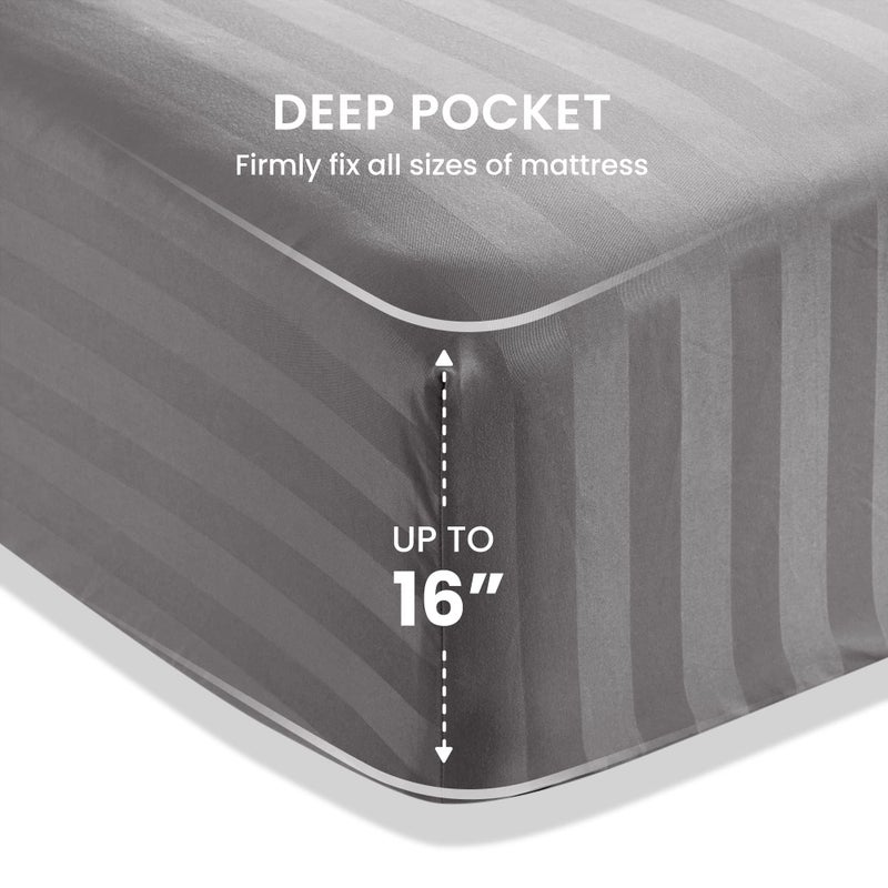 SLEEP ZONE Striped Cooling Queen Sheets Set - Fitted Flat Sheet & Pillowcase Sets 4 Piece - Super Soft Stripe Bed Sheet, Easy Care, Deep Pocket (Gull Grey, Queen) - Image 2